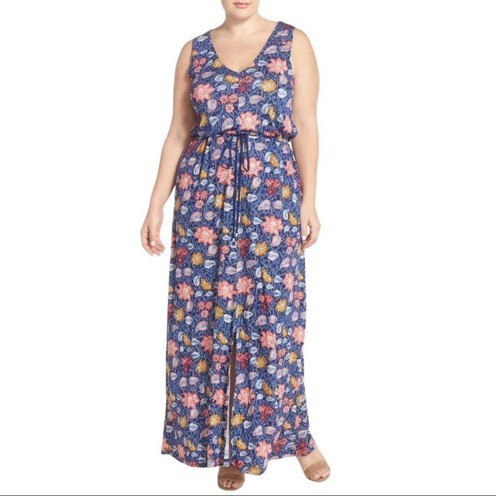 Lucky Brand Floral Batik Print A-Line Maxi Dress SZ Large Bohemian Summer Beach